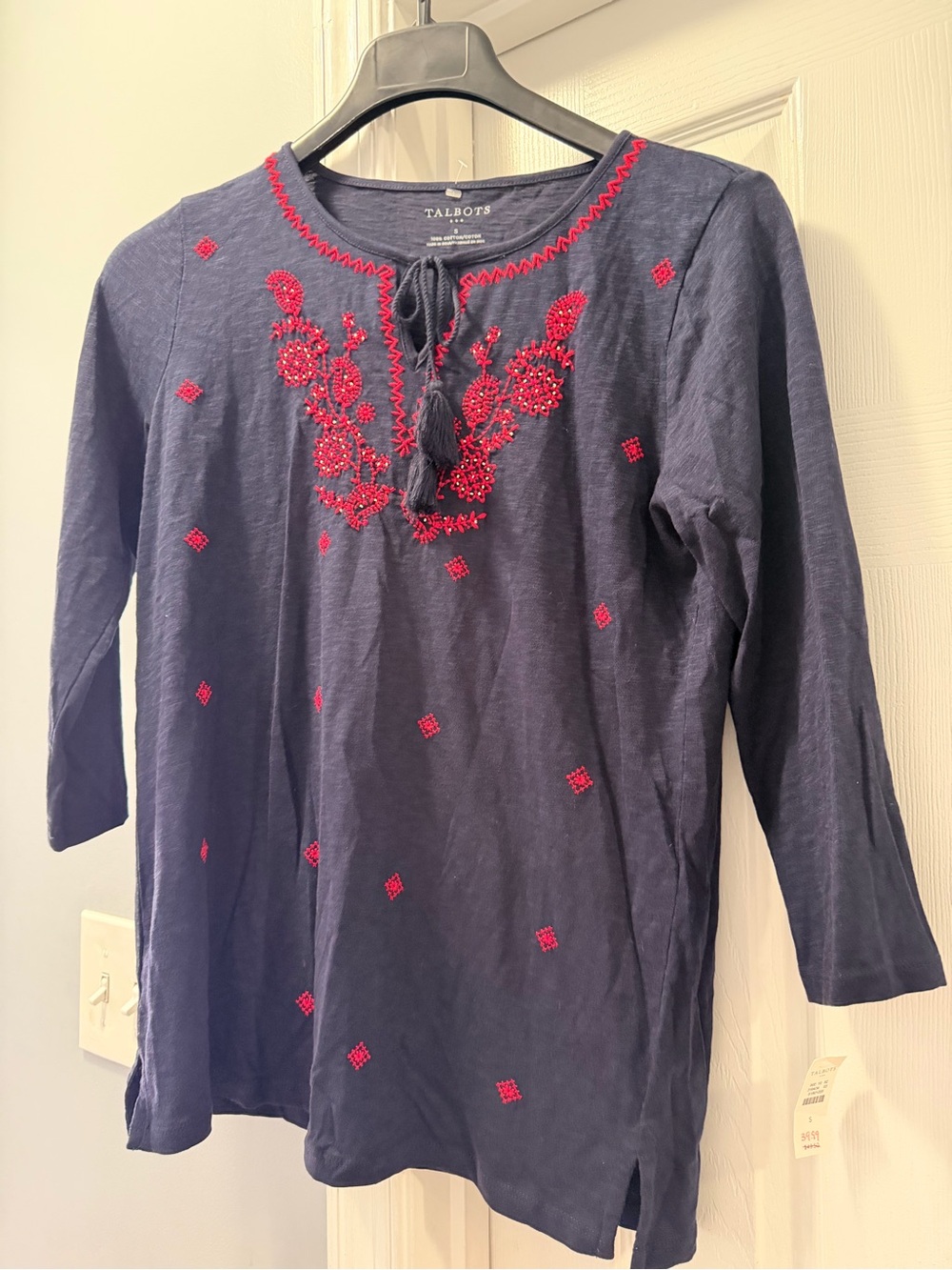 Talbots Navy Garment with ted embroidery 3/4 sleeve Pima cotton
